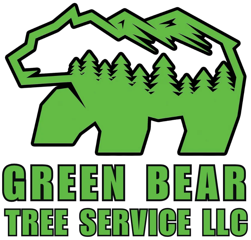 Green Bear Tree Service logo featuring green bear silhouette with mountains and pine trees NC